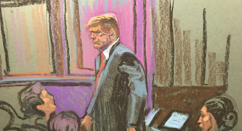 Courtroom sketch of Donald Trump abruptly walking out of his NY defamation trial during closing arguments against him.Christine Cornell/Business Insider