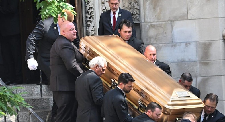 The casket of Ivana Trump is brought out of St. Vincent Ferrer Roman Catholic Church after her funeral in New York City, on July 20, 2022.