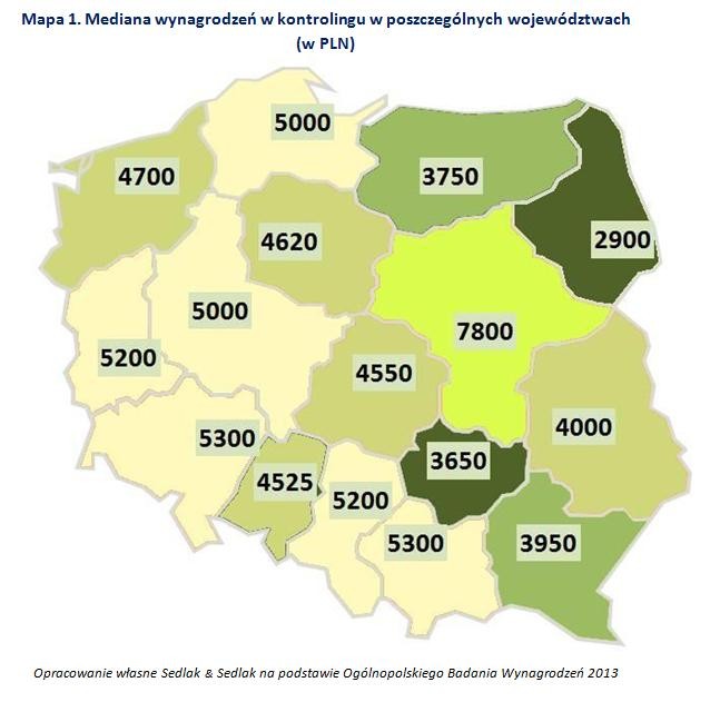 Mediana wynagrodzeń w kontrolingu w poszczególnych województwach (w PLN)