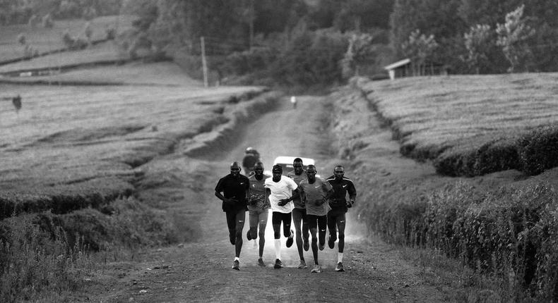 A group of runners takes part in a training session on March 12, 2019 in Kaptagat.