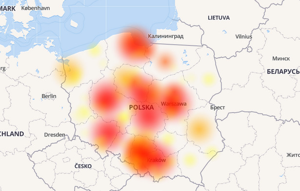 Mapa awarii internetu mobilnego Orange, źródło: downdetector.pl/status/orange/mapa