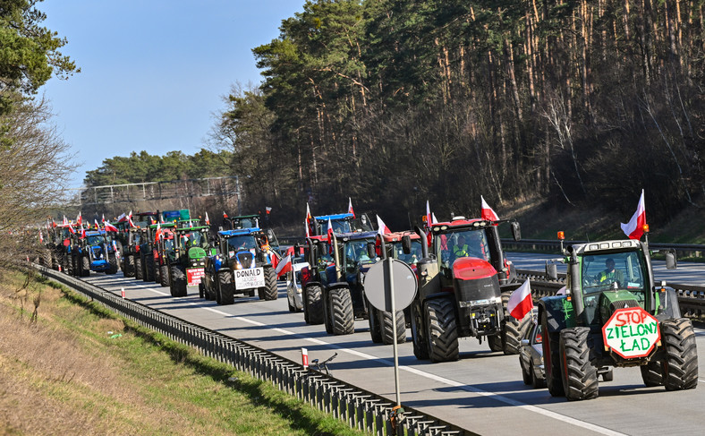 Rolnicy z Polski jadący ciągnikami w kierunku granicy polsko-niemieckiej, 25 lutego 2024 r.