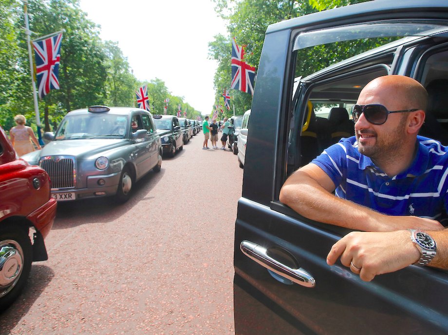 Black cab drivers protesting Uber in London.