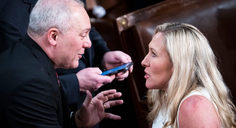 House Majority Leader Steve Scalise and Rep. Marjorie Taylor Greene of Georgia on the House floor on February 7, 2023.Tom Williams/CQ-Roll Call via Getty Images