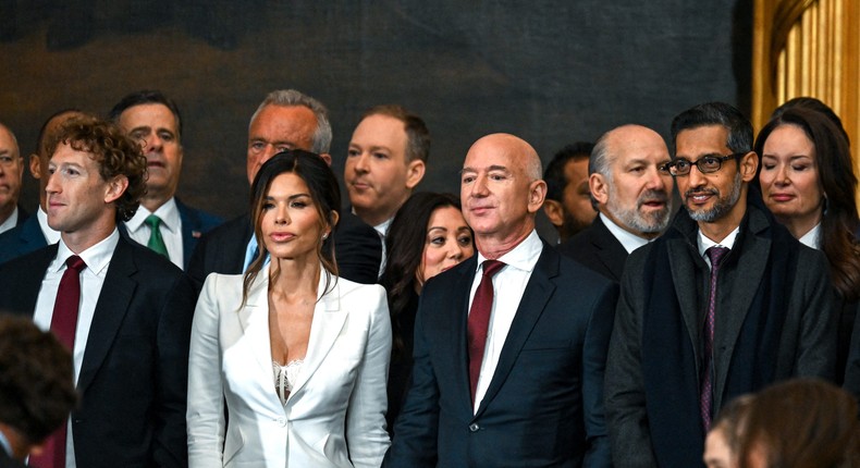 Mark Zuckerberg, Lauren Snchez, Jeff Bezos, and Sundar Pichai attend Donald Trump's inauguration.Kenny Holston/Getty Images