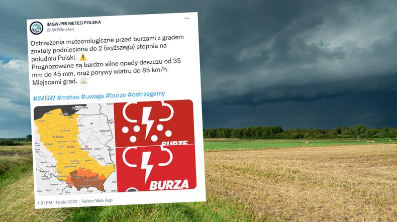 Kolejny burzowy dzień nad Polską (screen: Twitter.com/IMGWmeteo)