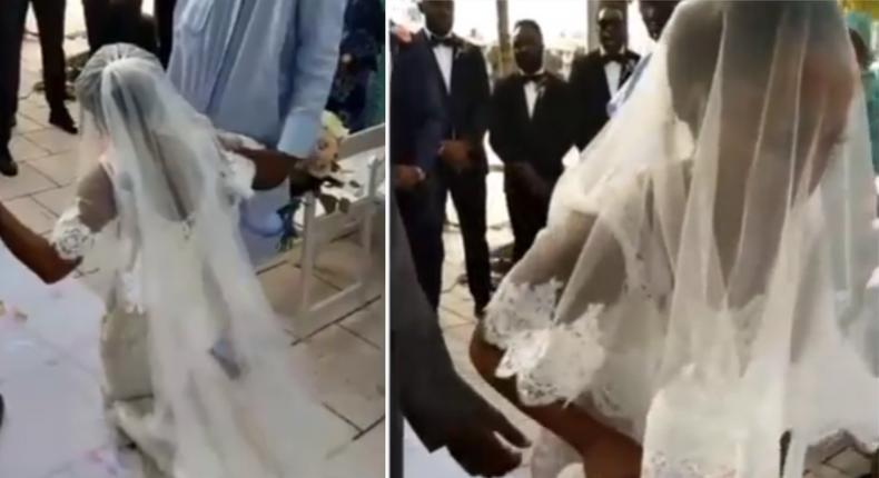 Angry bride walks away from her wedding after kneeling down to apologise to her father