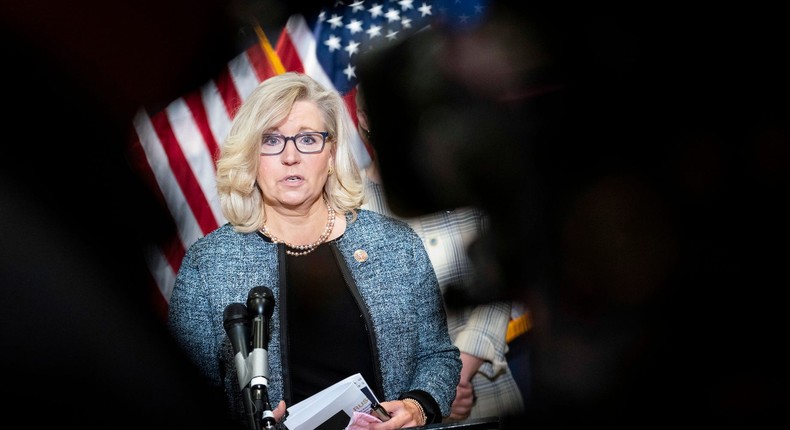 WASHINGTON, DC - APRIL 20: Rep. Liz Cheney (R-WY) speaks during a press conference following a House Republican caucus meeting on Capitol Hill on April 20, 2021 in Washington, DC. The House Republican members spoke about the Biden administration's immigration policies and the coronavirus pandemic.
