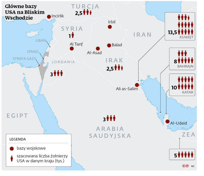 Główne bazy USA na Bliskim Wschodzie