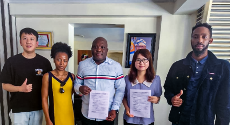 From R to L - Fans Operations Manager, Infinix Nigeria - Eric Phillips; Doris Zhao; Executive Chairman, Lagos State Sports Commission - Sola Aiyepeku; IMC & Public Relations Manager, Infinix Nigeria - Oluwayemisi Ode