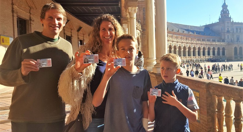 Jackie Baxa and her family posing with their Foreigner Identity Cards in Spain. After 15 months of planning, the family relocated to Spain in 2016. Jackie Baxa