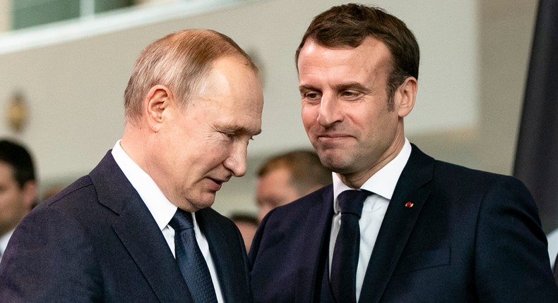 Emmanuel Macron (right) and Vladimir Putin in Berlin in January 2020.