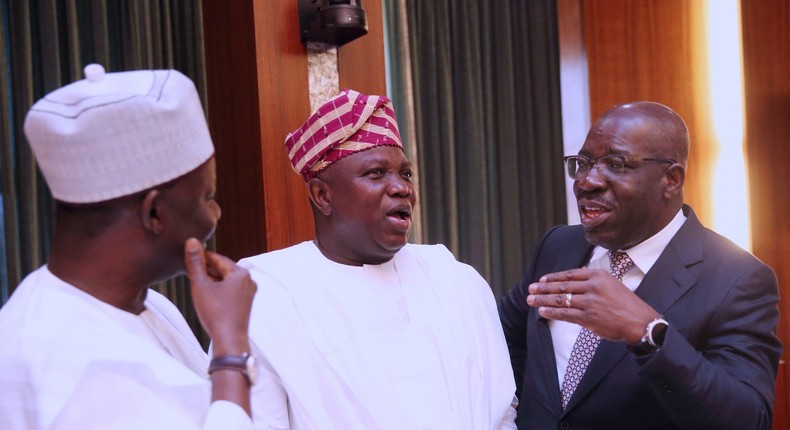 Lagos state governor, Akinwunmi Ambode, Godwin Obaseki of Edo state and Gombe's Ibrahim Dankwambo during NEC meeting at the Statehouse