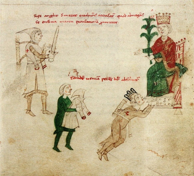 Ryszard Lwie Serce korzący się u stóp cesarza Henryka VI Ilustracja z końca XIII wieku.