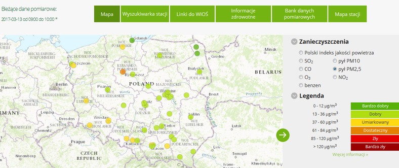 Stężenie pyłu PM2,5 - 2017-03-13 od godziny 09:00 do 10:00