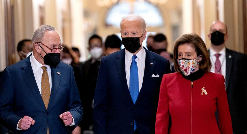 President Joe Biden joined Senate Majority Leader Chuck Schumer and House Speaker Nancy Pelosi at the Capitol on January 6, 2022 in Washington, DC.