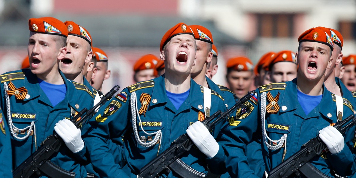 Russian servicemen march during the Victory Day parade in Moscow's Red Square May 9, 2014.