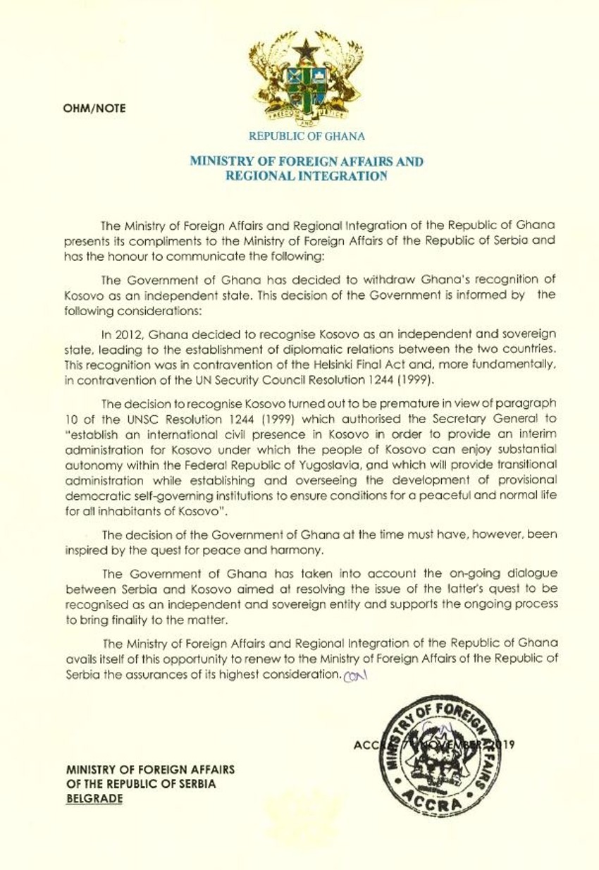 Gana povukla priznanje Kosova