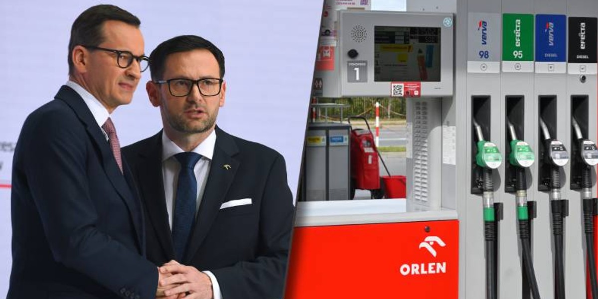 Premier Mateusz Morawiecki i prezes PKN Orlen Daniel Obajtek (fot. Adam Chelstowski / Forum). Stacja paliw sieci Orlen