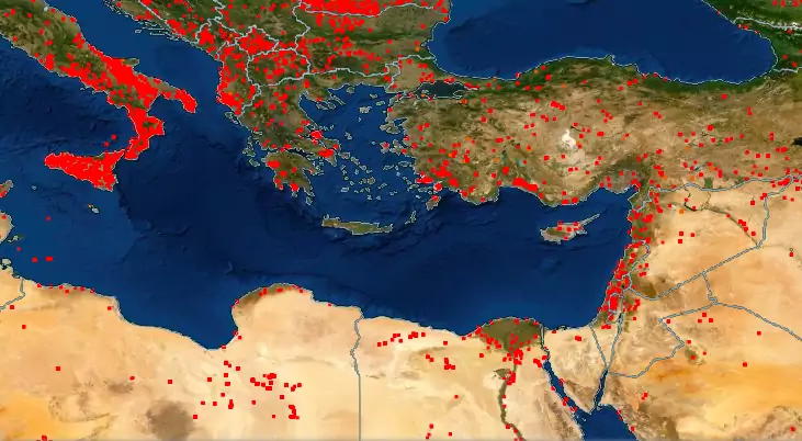 Pożary w regionie śródziemnomorskim z ostatnich siedmiu dni
