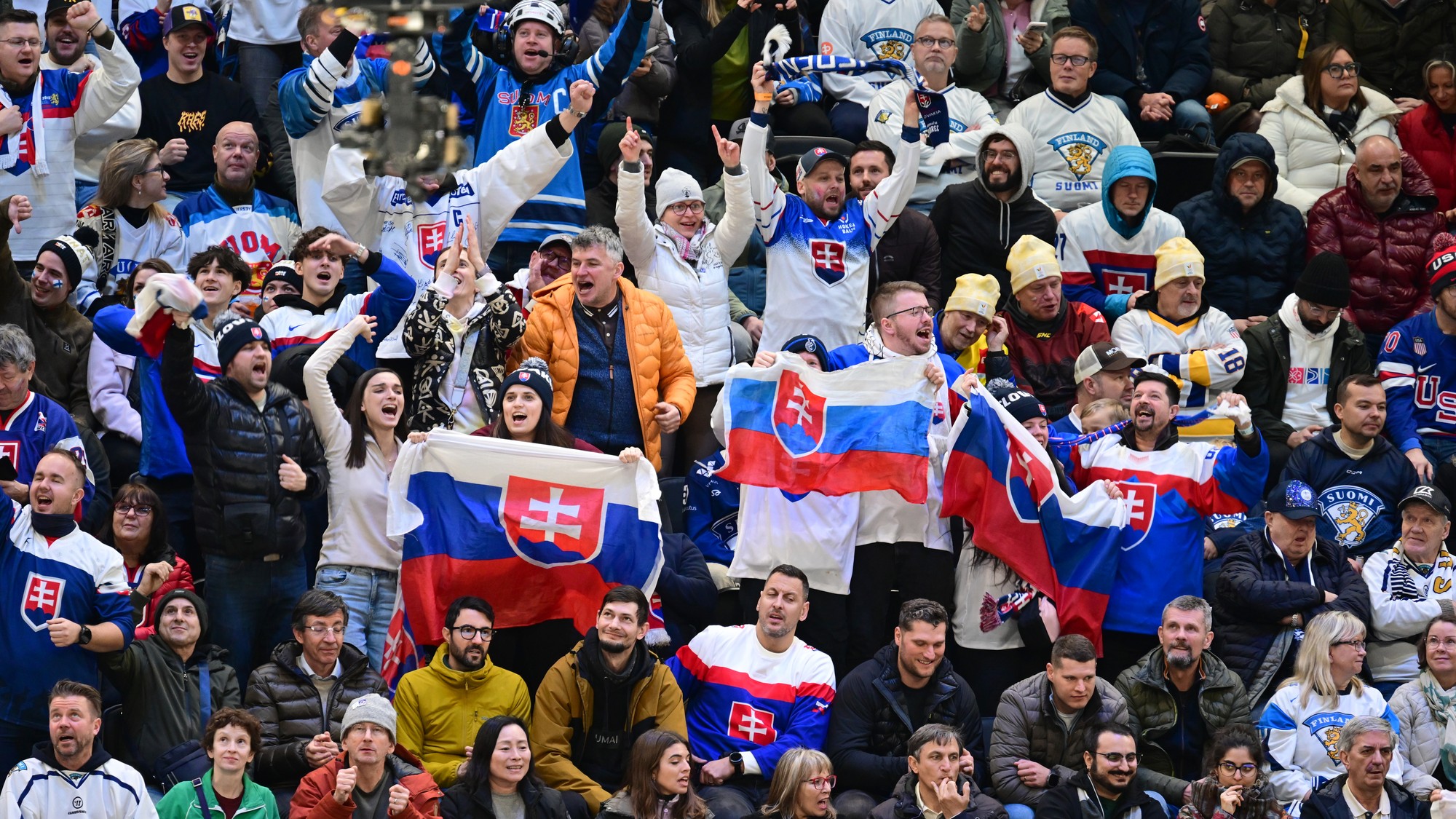 Slovenskí fanúšikovia sa tešia z gólu. 