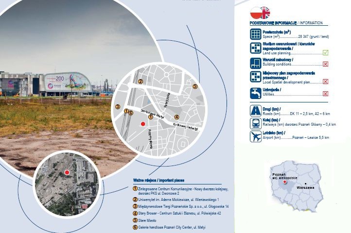 Poznań, ul. Przemysłowa/Matyi – tu do sprzedania jest sama ziemia, ale trzeba dodać, że z atrakcyjnym planem zagospodarowania przestrzennego. PKP podkreśla, że jest to strefa, gdzie mogą powstać wieżowce. Koncepcja zagospodarowania działki dopuszcza bowiem budynki o wysokości przekraczającej 100 m – a to w Poznaniu jest raczej rzadkość. Powierzchnia działki to: aż 28 347 mkw. Nieopodal znajduje się (oczywiście) dworzec kolejowy Poznań Główny, a także galeria handlowa Poznań City Center. To łakomy kąsek dla deweloperów,  ale także przedsiębiorców, którzy marzą o prowadzeniu biznesu  samym centrum stolicy Wielkopolski. Nieopodal krzyżują się główne arterie miasta. „Nieruchomość stanowi część tzw. Wolnych Torów- kikudziesięciohektarowego terenu, który w najbliższych latach ma szansę przekształcić się w nową biznesowo-mieszalną dzielnicę miasta” – czytamy w prospekcie kolei. Zdj. Nieruchomości PKP Poznań ul.Przemysłowa/Maty - źródło: PKP