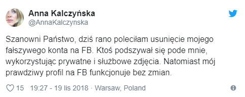 Wpis Anny Kalczyńskiej na Twitterze