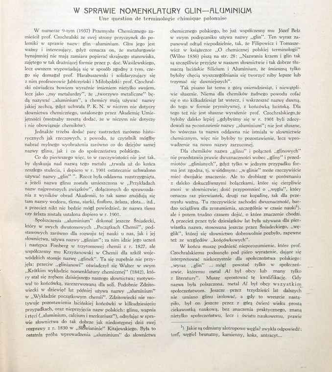 Fragment artykułu z czasopisma "Przemysł chemiczny" dotyczący glinu i aluminium