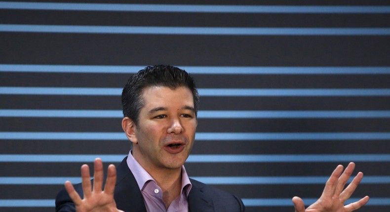 Uber CEO Travis Kalanick gestures as he delivers an address to employees and drivers, to mark the company's five year anniversary, in San Francisco, California June 3, 2015.