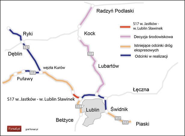 S17 do Lublina odcinek w. Jastków - w. Lublin Sławinek (mapa)