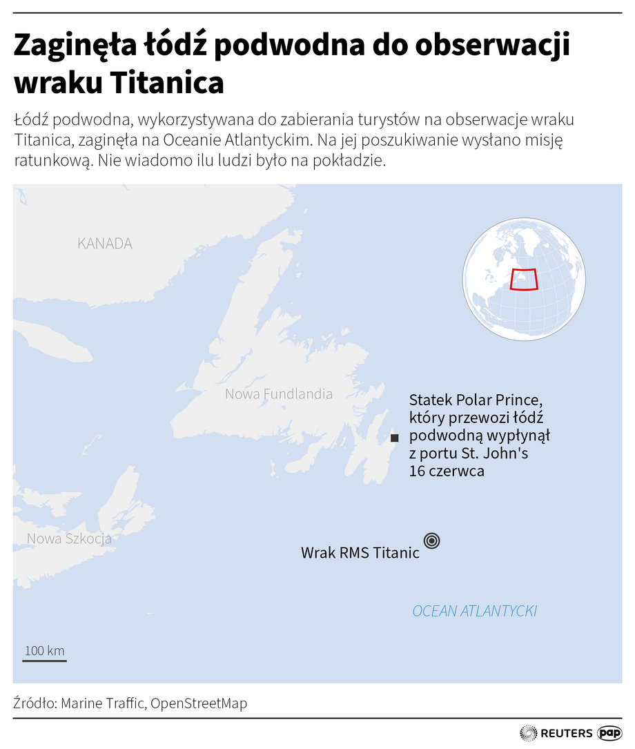 Na pokładzie łodzi podwodnej Titan znajduje się pięć osób. Łódź zaginęła w drodze do wraku Titanica 