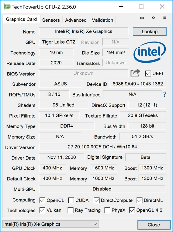 Asus ZenBook Flip S (UX371EA) – GPU-Z – specyfikacja iGPU