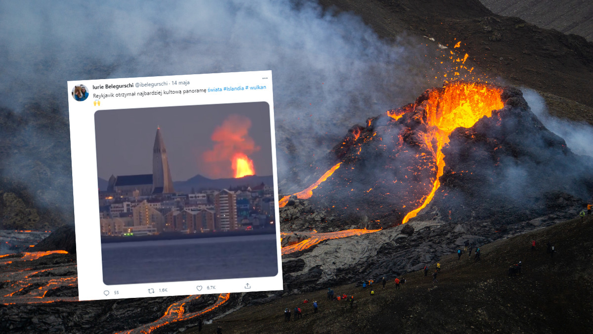 Islandia. Niezwykłe ujęcie panoramy Rejkiawiku podczas erupcji wulkanu