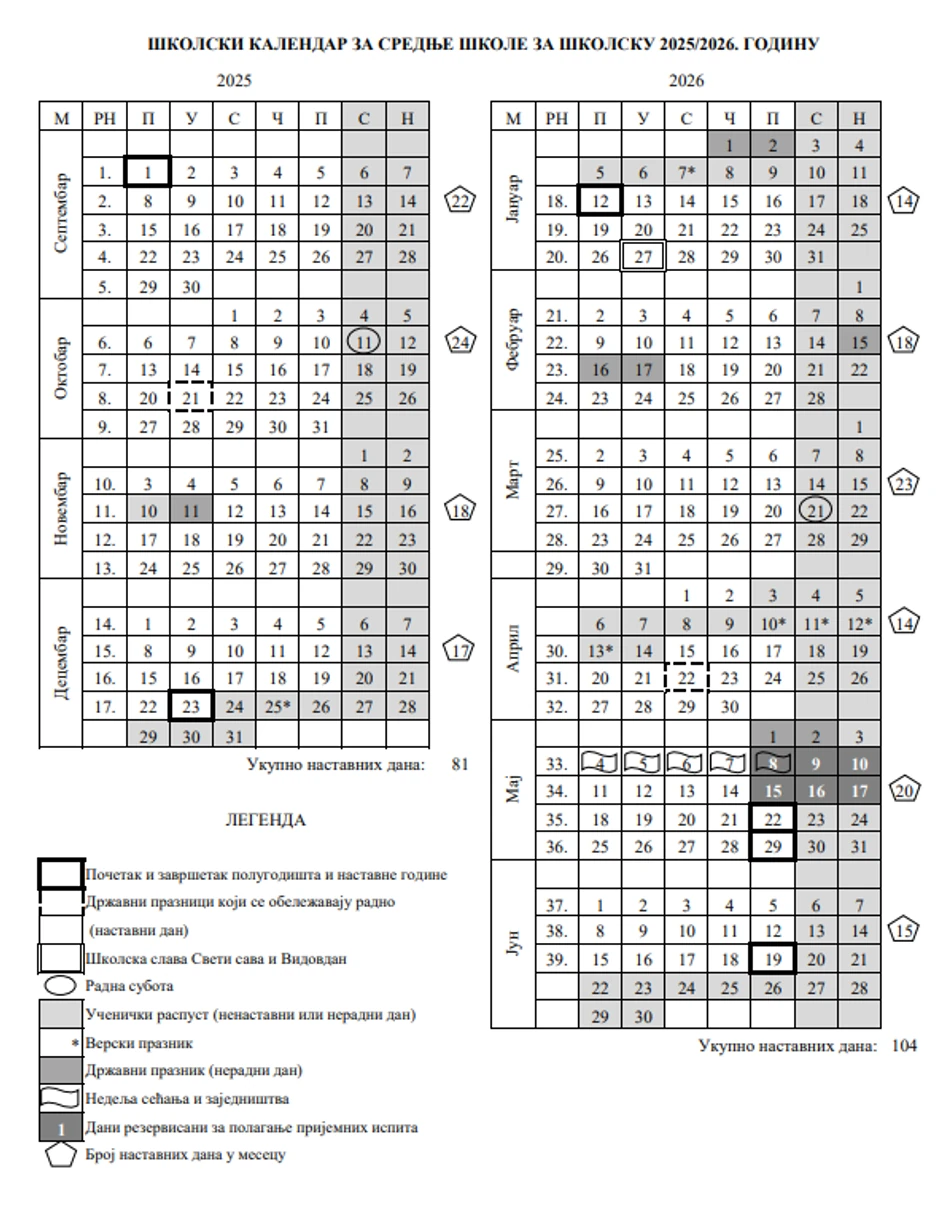 Kalendar za srednje škole u Vojvodini za školsku 2025/2026 godinu