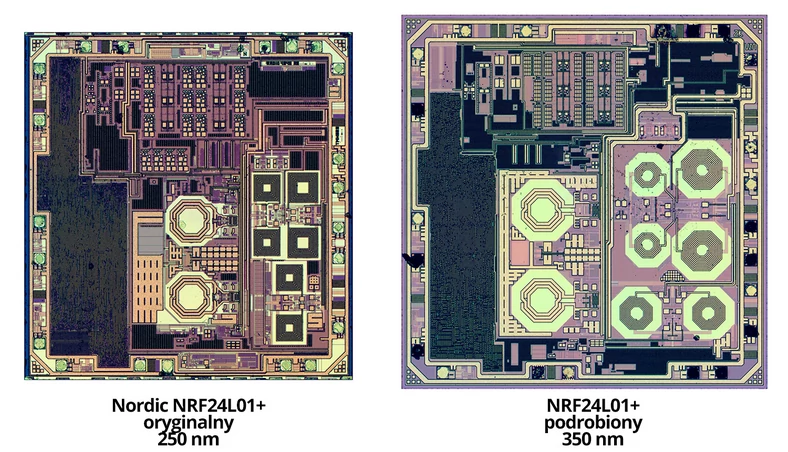 Popularny w przemyśle i wśród hobbystów układ radiowy NRF24L01. Po lewej – jądro oryginalnego układu, po prawej – jądro kilkukrotnie tańszej podróbki. Podróbka jest w pełni funkcjonalna: pobiera jedynie więcej prądu i ma mniejszy zasięg (zdjęcia za zeptobars.ru)