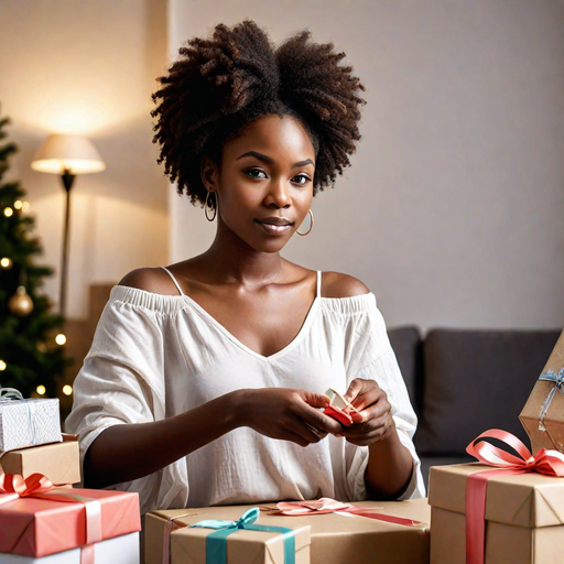 AI-generated image of a very beautiful African lady unpacking gifts