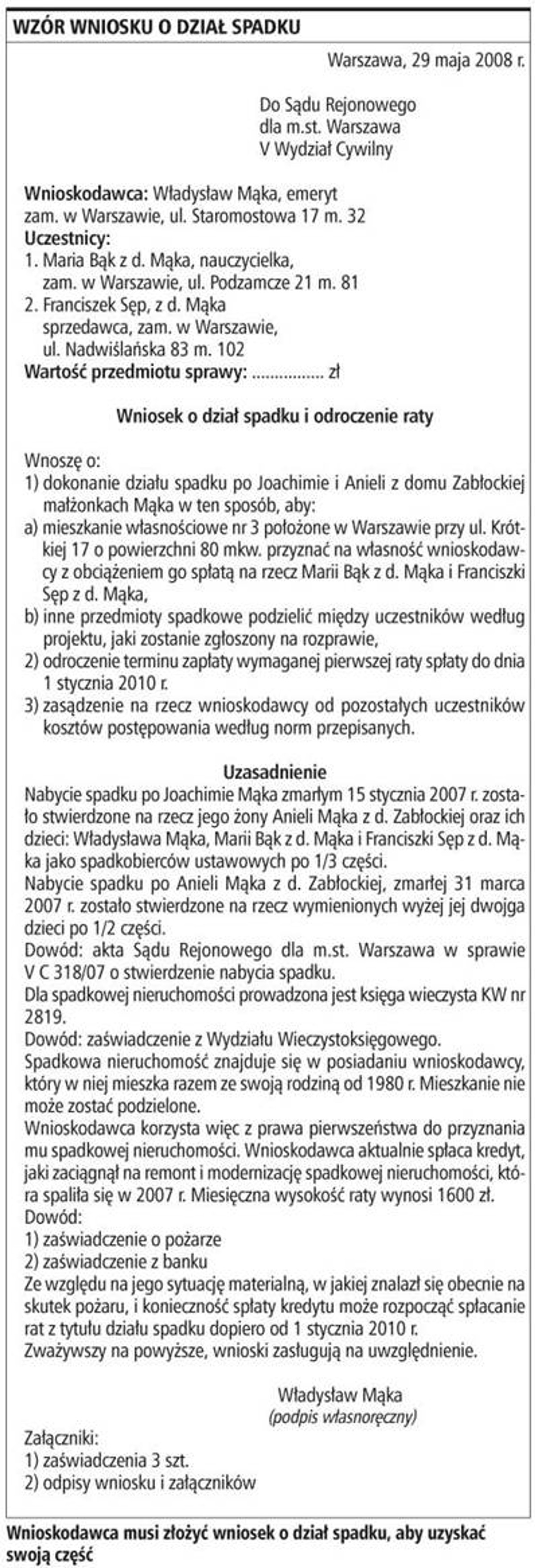 Wzór wniosku o dział spadku
