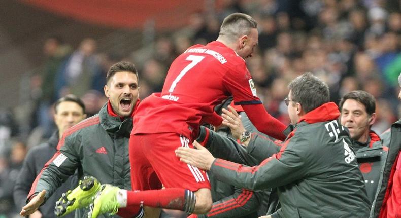 French midfielder Franck Ribery celebrates with the Bayern Munich bench