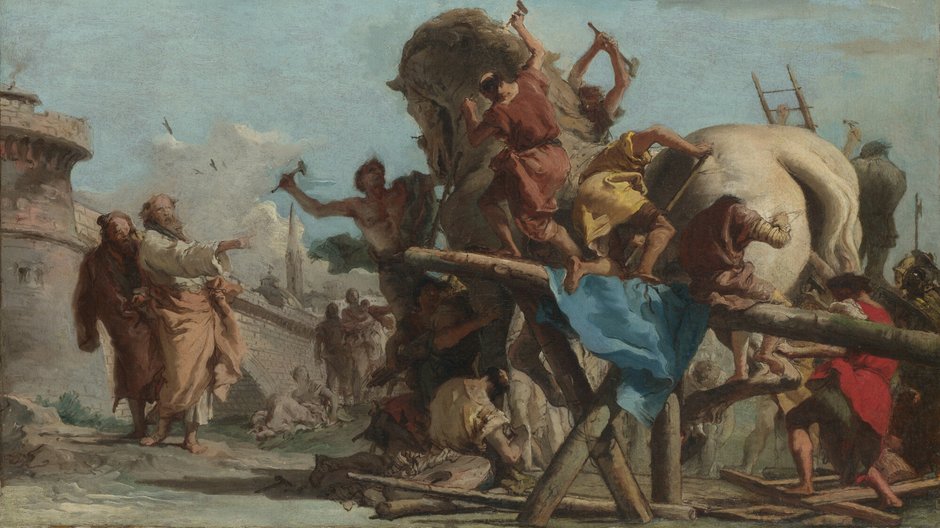 Grecy budujący konia trojańskiego na obrazie "Budowanie konia trojańskiego", Giovanni Domenico Tiepolo