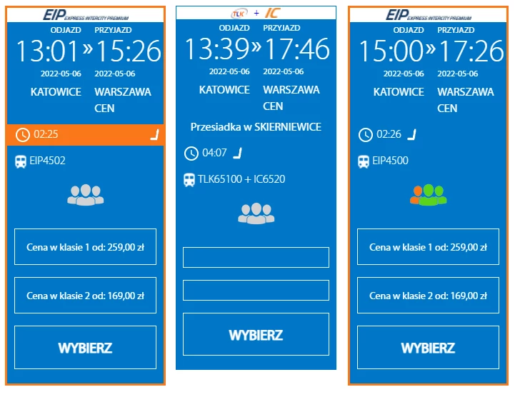 Katowice-Warszawa; najbliższe połączenia