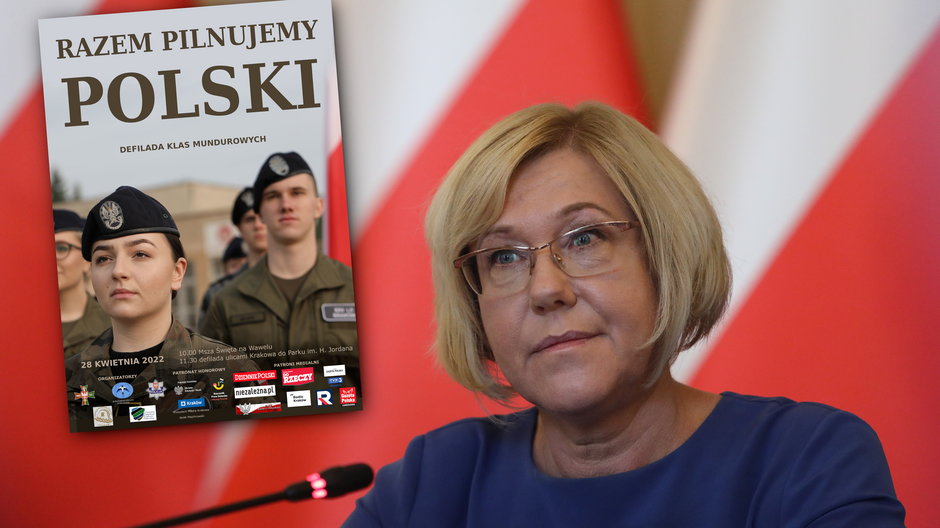 Plakat promujący defiladę klas mundurowych. W tle zdjęcie małopolskiej kuratorki oświaty Barbary Nowak