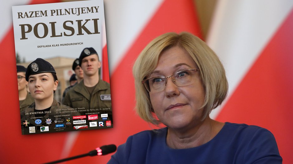 Plakat promujący defiladę klas mundurowych. W tle zdjęcie małopolskiej kuratorki oświaty Barbary Nowak