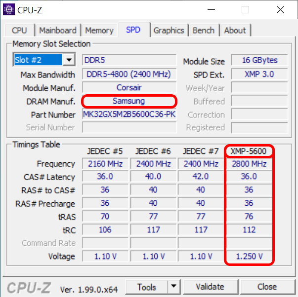 Corsair VENGEANCE DDR5-5600 CL36 – CPU-Z – profile JEDEC i XMP 3.0