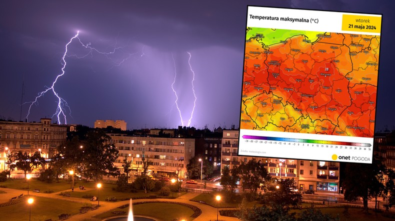 Pogoda niczym w tropikach. Dziś niemal 30 st. C i nowa fala nawałnic (mapa: meteologix.com)