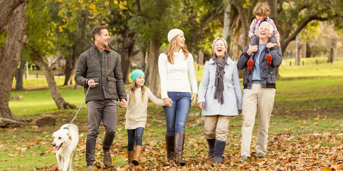 Extended family posing with warm clothes on an autumns day