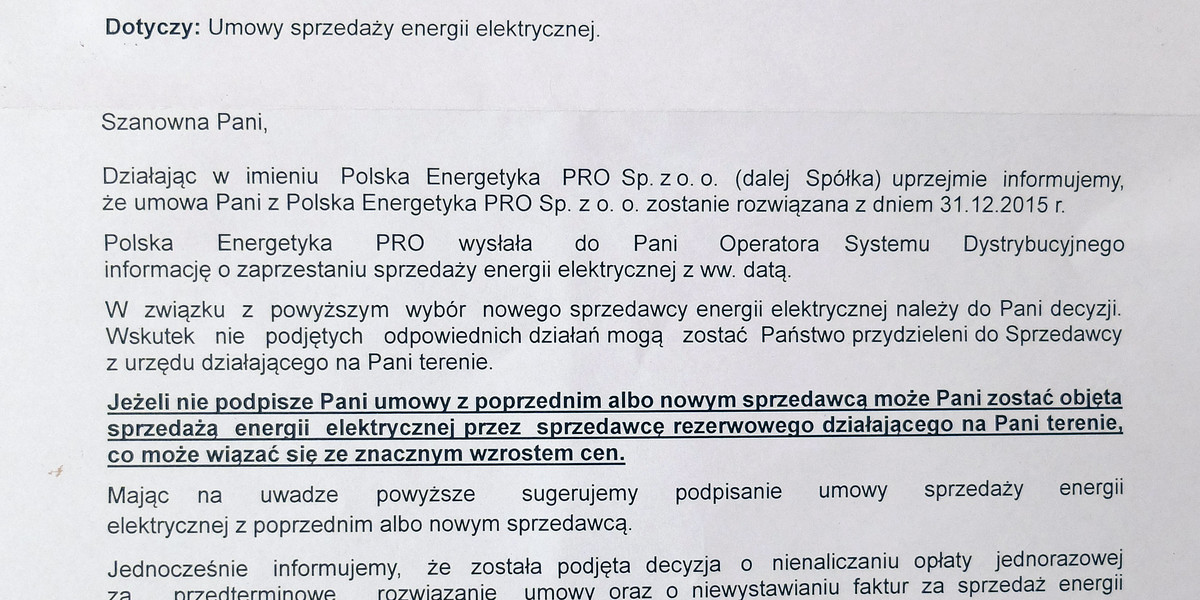 POLSKA ENERGETYKA PRO WRESZCIE ROZWIAZUJE FALSZYWA UMOWE NA DOSTAWE PRADU