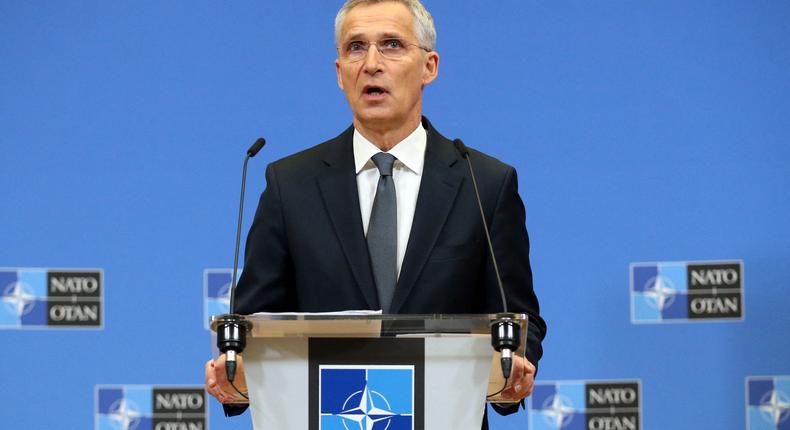 NATO General Secretary Jens Stoltenberg speaks during a press conference to present the next North Atlantic Council (NAC) Ministers of Foreign Affairs meeting, at the NATO headquarters in Brussels on April 5, 2022.