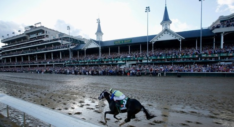 Always Dreaming, ridden by jockey John Velazquez, runs down the stretch on the way to winning the 143rd Kentucky Derby at Churchill Downs on May 6, 2017 in Louisville