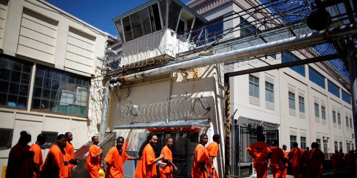 Inmates walk in at San Quentin state prison