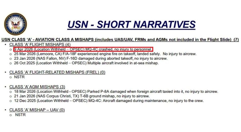 Opis wypadku opublikowany przez US Navy